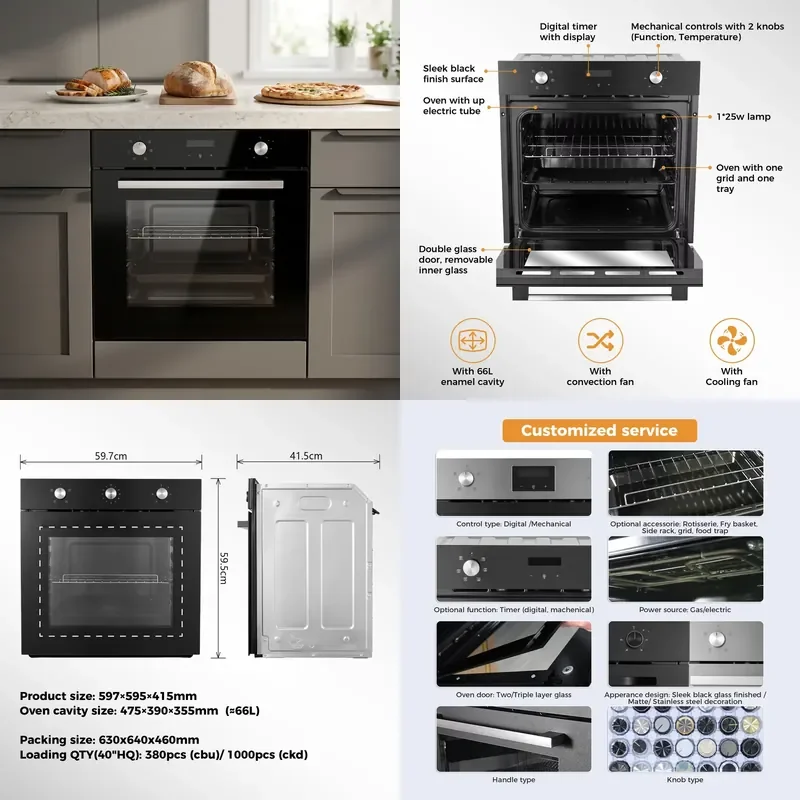 for 66L Digital Built-in Oven 60CM Standard Size Enamel Cavity Double Convection Black Tempered Glass