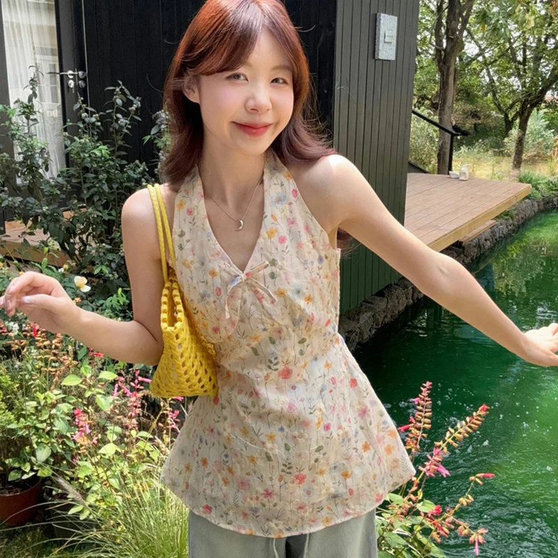 

Pastel Floral Korean Style Sweet Pure Desire Bow Halter Neck Floral Women Blouse Holiday Daily Tops