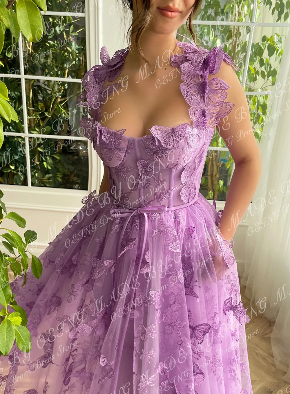 OEING Pastrol Purple Prom Dresses Fairy Spaghetti Strap 3D Butterfly Tea Length Party Dress For Women Lace Up Back Evening Gowns