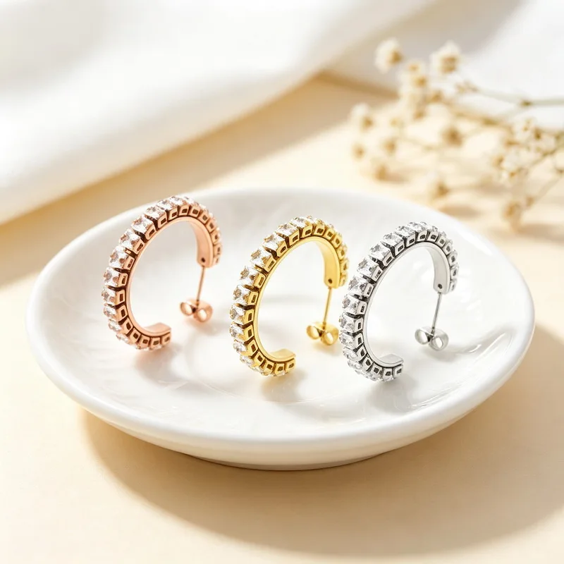 Multi Color Stainless Steel Half Hoop Earrings For Women Inlaid Zircon C Shape Earring Trendy Sparkling Statement Ear Jewelry