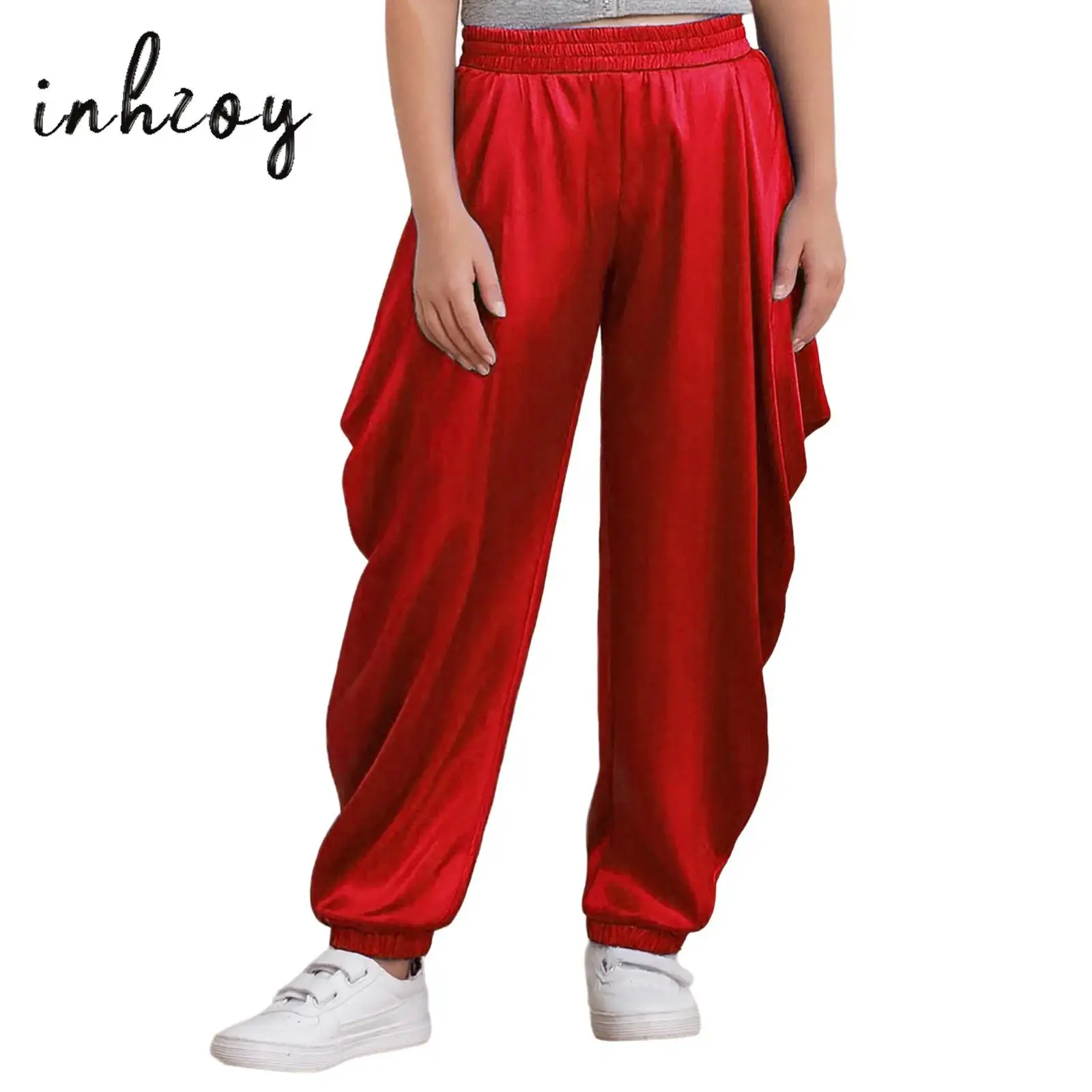 

Boys Girls Halloween Party Arab Prince Cosplay Costume Satin Dhoti Pants Elastic Waistband Loose Baggy Trousers Raves Party