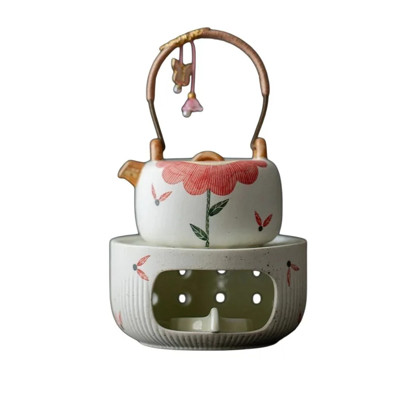 Pink Lead Hand-painted Sun Flower Jacquard Pot Combination Chinese Retro Ceramic Boiling Teapot Candle Warm Tea Stove