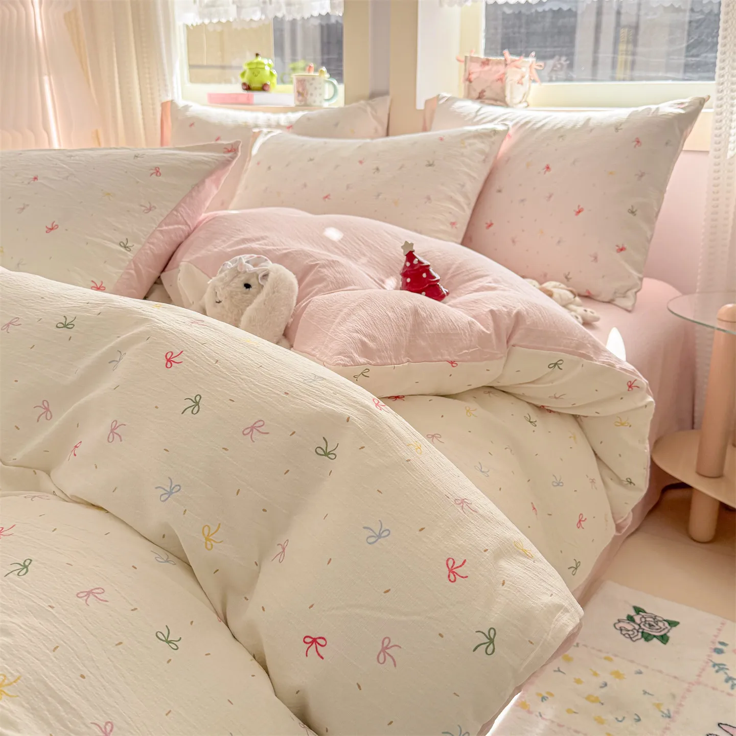 

Crinkled Gauze Bedding Set Bow Printed Bed Sheet Set Single/Queen/King Size Skin-friendly Beddings Bed Sets Comfortable 이불세트