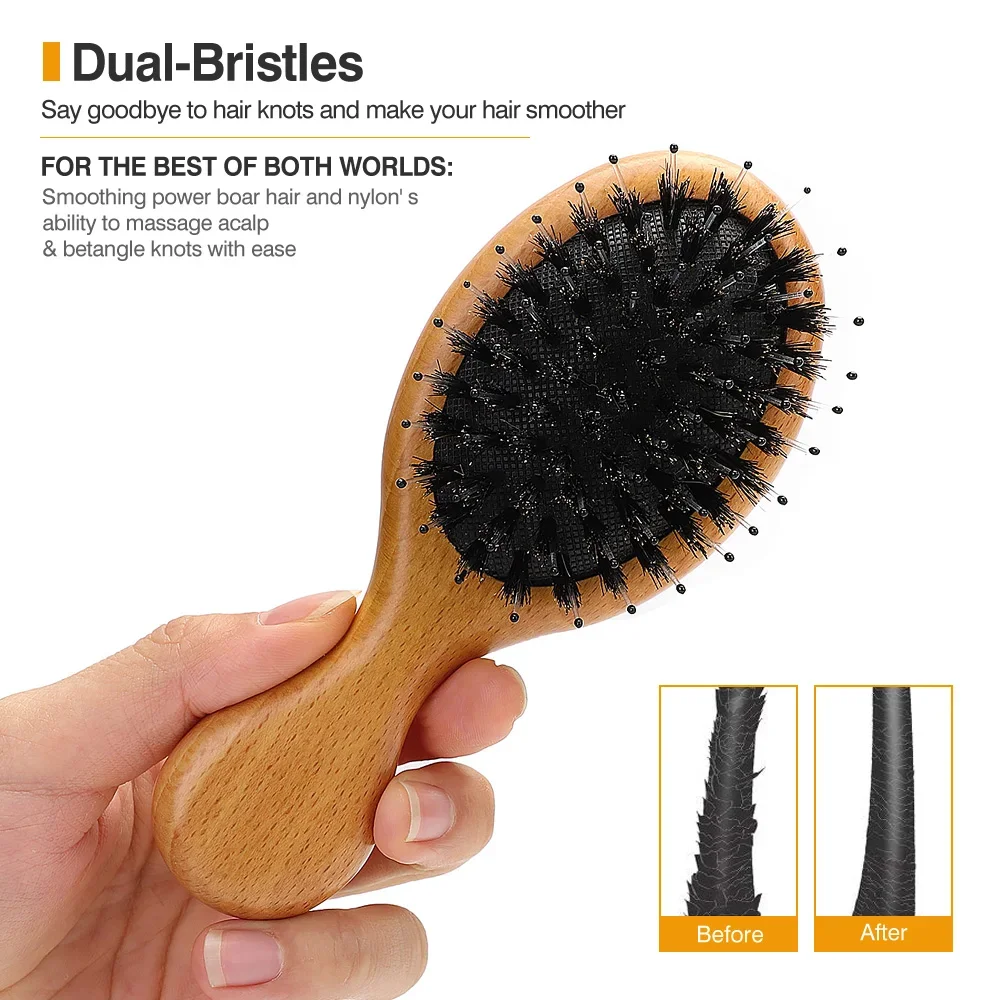 Natural Boar Bristle Hairbrush Mini Handle Massage Comb Anti-static Hair Scalp Paddle Brushes barber Hair Brush Styling Tool