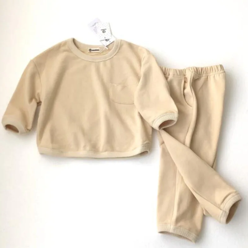 Korean Style 2-6Yrs Children Clothing Suit Long Sleeve Cotton Solid T-shirt+Pants Spring Autumn Baby Boys Girls Clothes Set