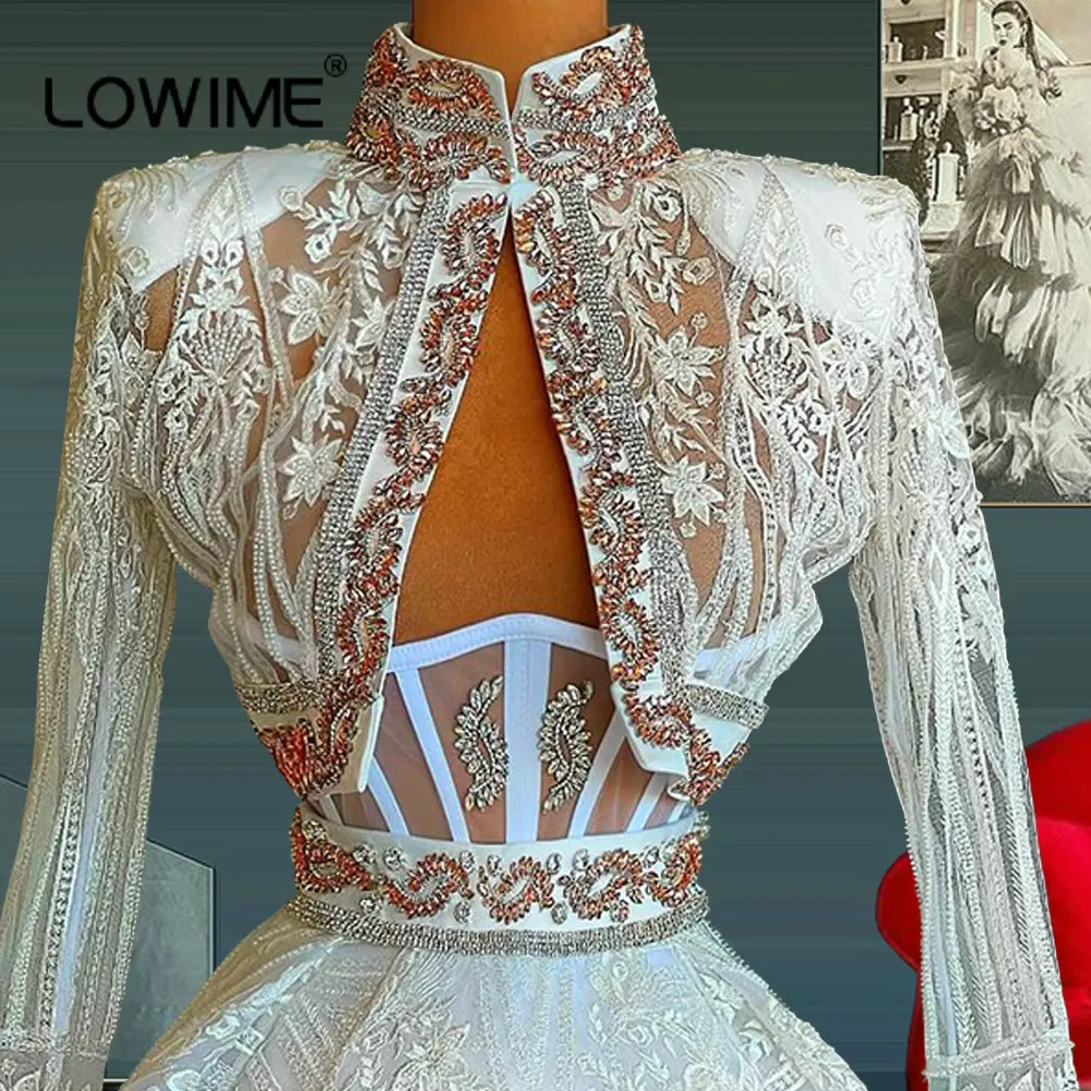 Ivory Two Pieces Short Lace Prom Dressses High Neck Long Sleeve Blouse Skirt Women Gorgeous Elegant Party Gowns Custom Made