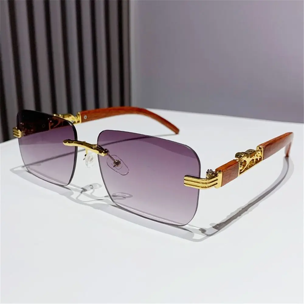 

Metal Temples Rimless Cut Edge Sunglasses Unique UV400 Rectangle Sun Glasses Cool Cheetah Design Sunglasses