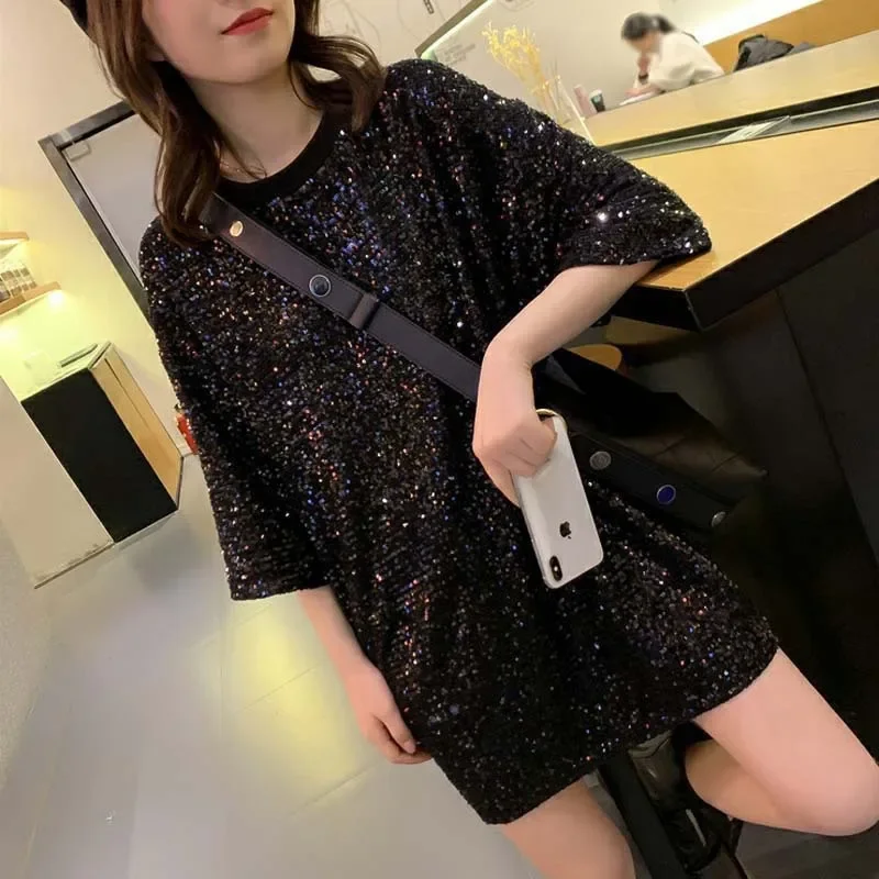 Club T-shirts for Women Baggy Sequin Eye-catching Summer Advanced Popular American Style Half Sleeve O-neck Streetwear Trendy