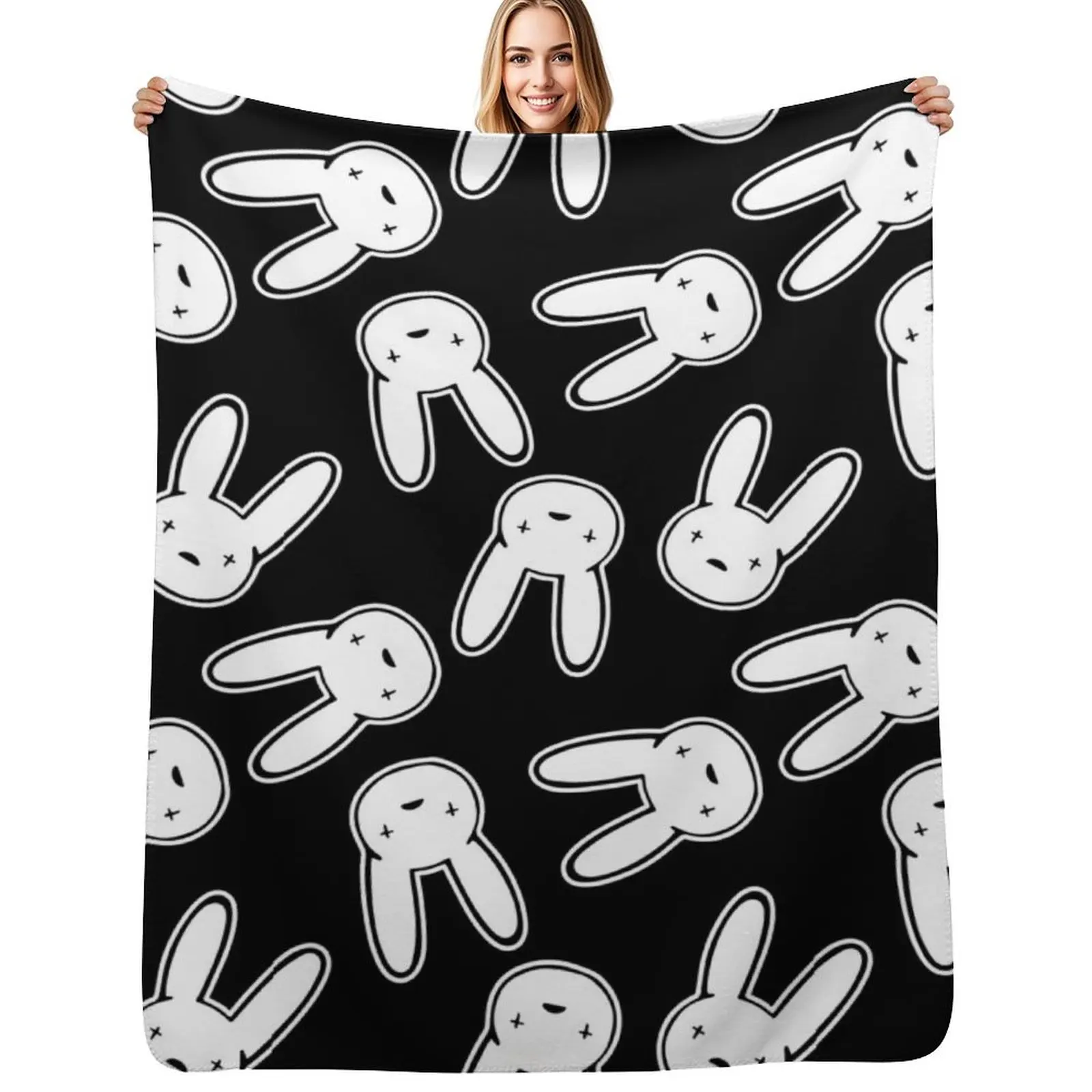

Bad Bunny Oasis Logo Pattern (White on Black) Throw Blanket Versatile Cozy Throw Blanket for All Occasions