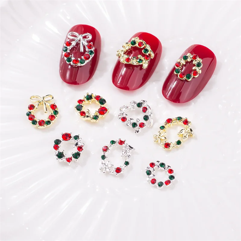 10PCS/Lot Nail Charms Rhinestone For Christmas Gold Silver Crystal Alloy Wreath Jewelry Fingernail Decoration Nail Art Parts#AH5