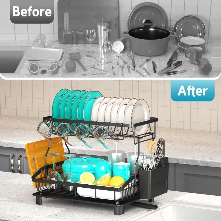 Dish Drying Rack 2 Tier Large Capacity Dish Rack Dish Racks for Kitchen Counter with Drainboard Rustproof Dish Drainer with Rem