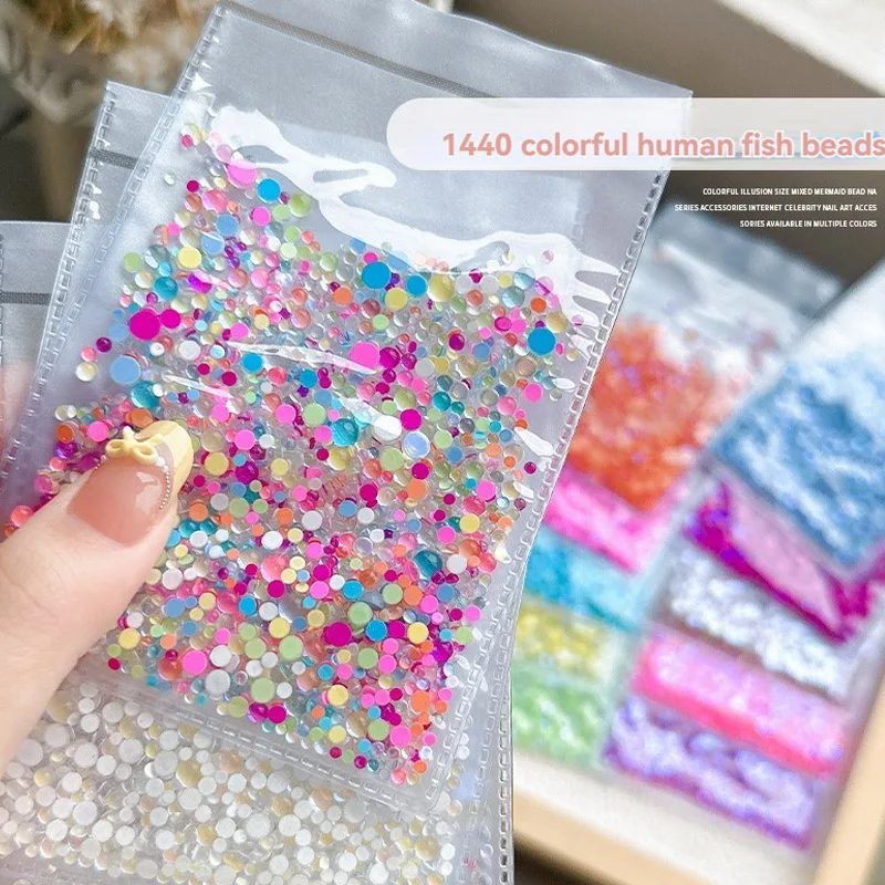 

1440Pcs Mermaid Nail Rhinestones Mixed Size Candy Colors Round Glass Crystal Beads Aurora Diamond DIY Nail Decoration