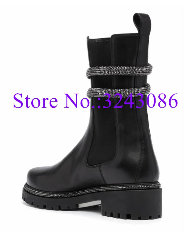 Novo cristal cobra cinta plana ankle boots moda mulher de couro preto salto baixo casual curto botas senhora sexy sapatos de inverno