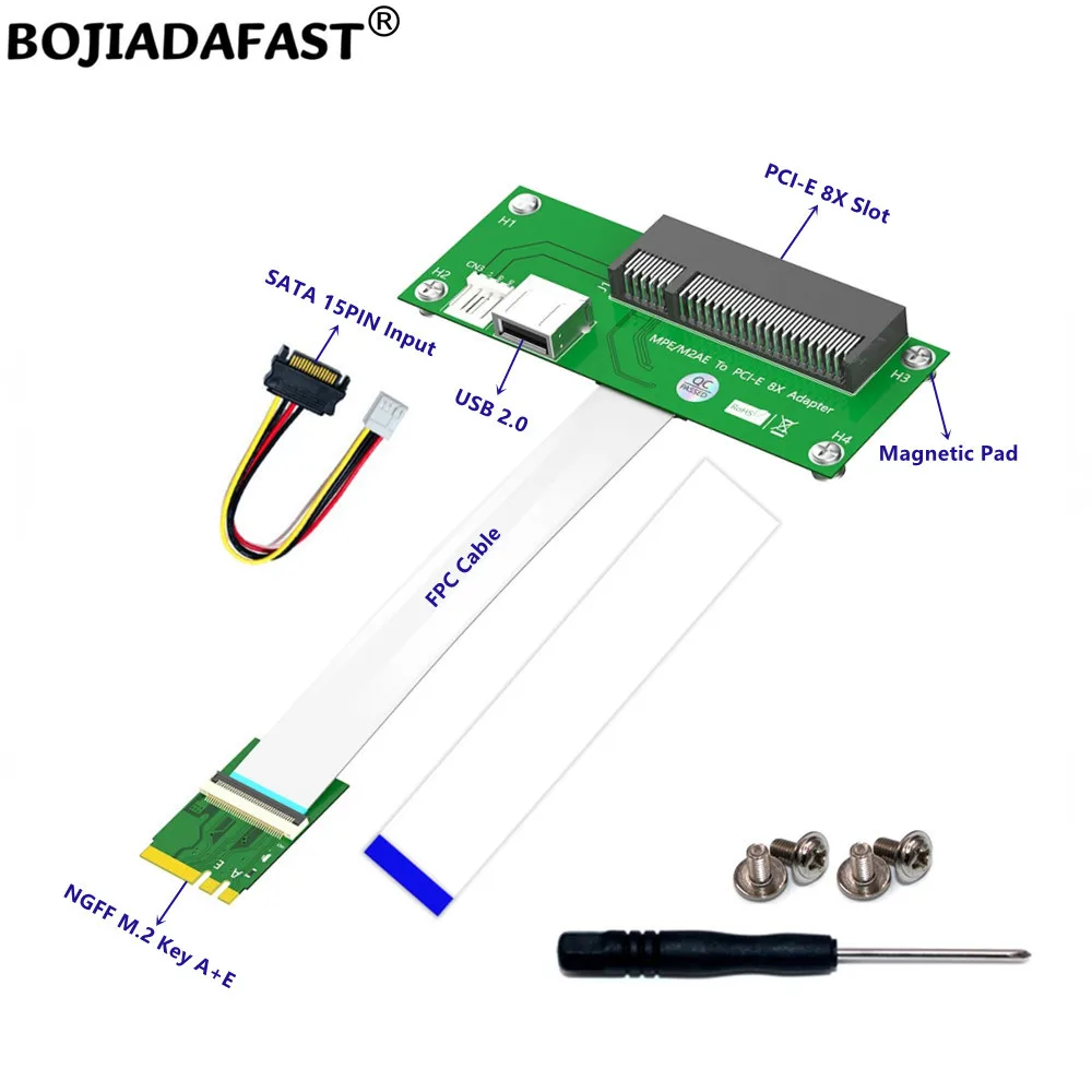 

PCI-E 8X Slot & USB 2.0 Connector To NGFF M.2 Key A+E Adapter Riser Card Magnetic Pad With High Speed FPC Cable