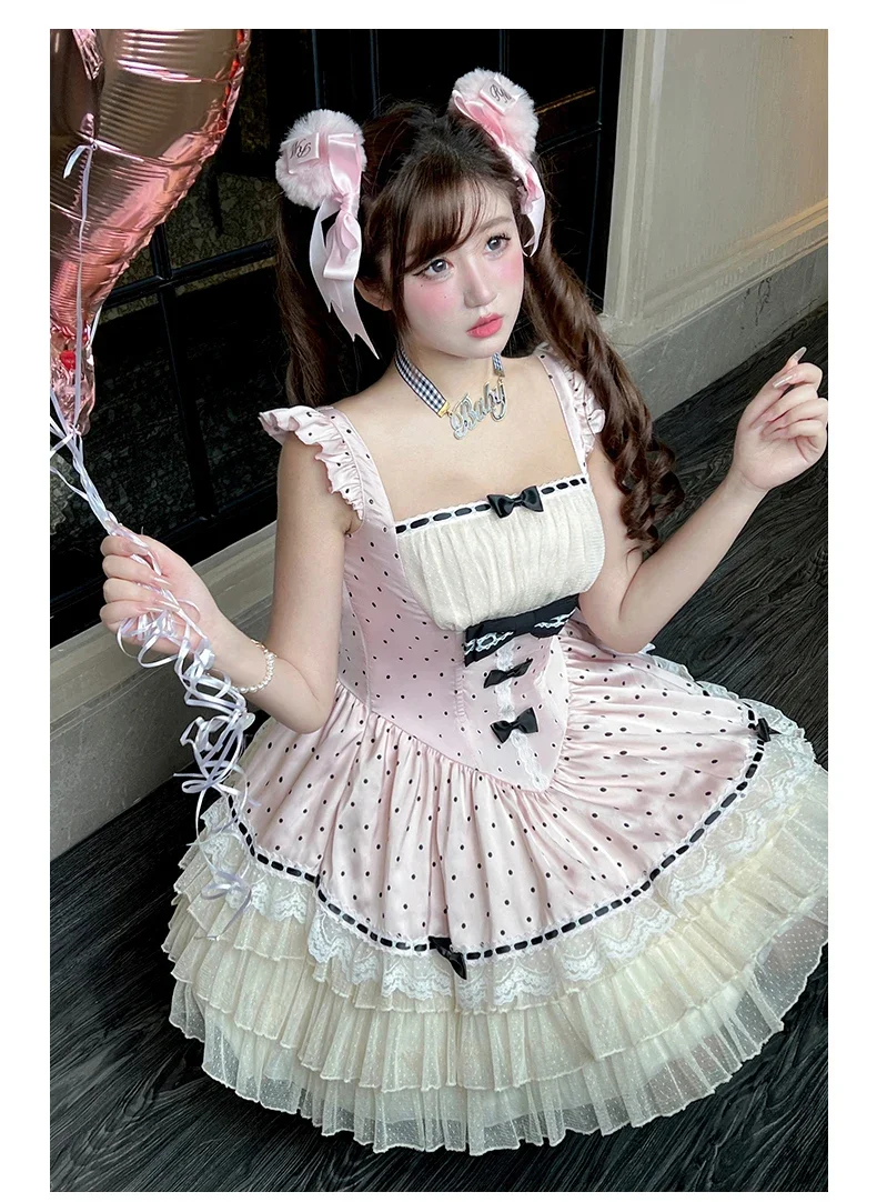 New Original Japanese Harajuku Cool Girl Fashion Pink Bow Wave Point Dress Female Lolita Temperament Slim Sweet Kawaii Jsk Dress