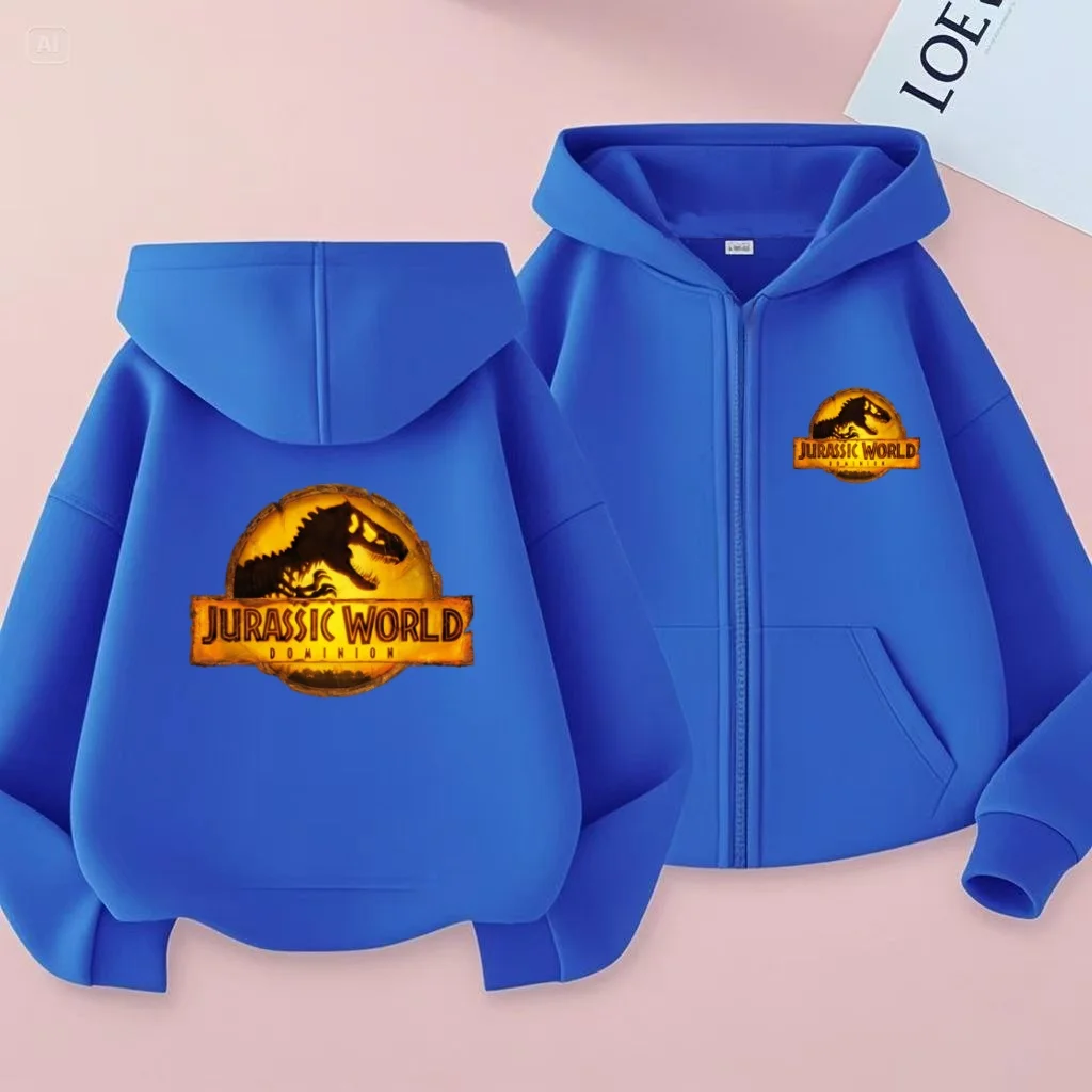 Children's Sports Clothing with Zippers and Hooded Sports Jackets Featuring Cartoon Dinosaur Prints Suitable Boysgirls Aged3to13