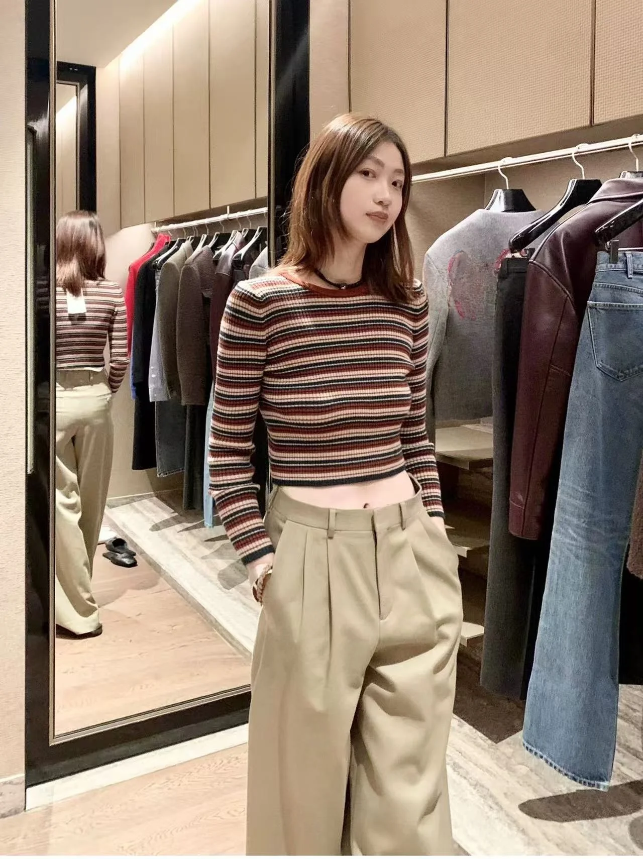 로티 가을 신상 니트 롱 스웨터 라운드넥 슬림핏 스웨터 자수 로고 스트라이프 캐주얼 울 혼방