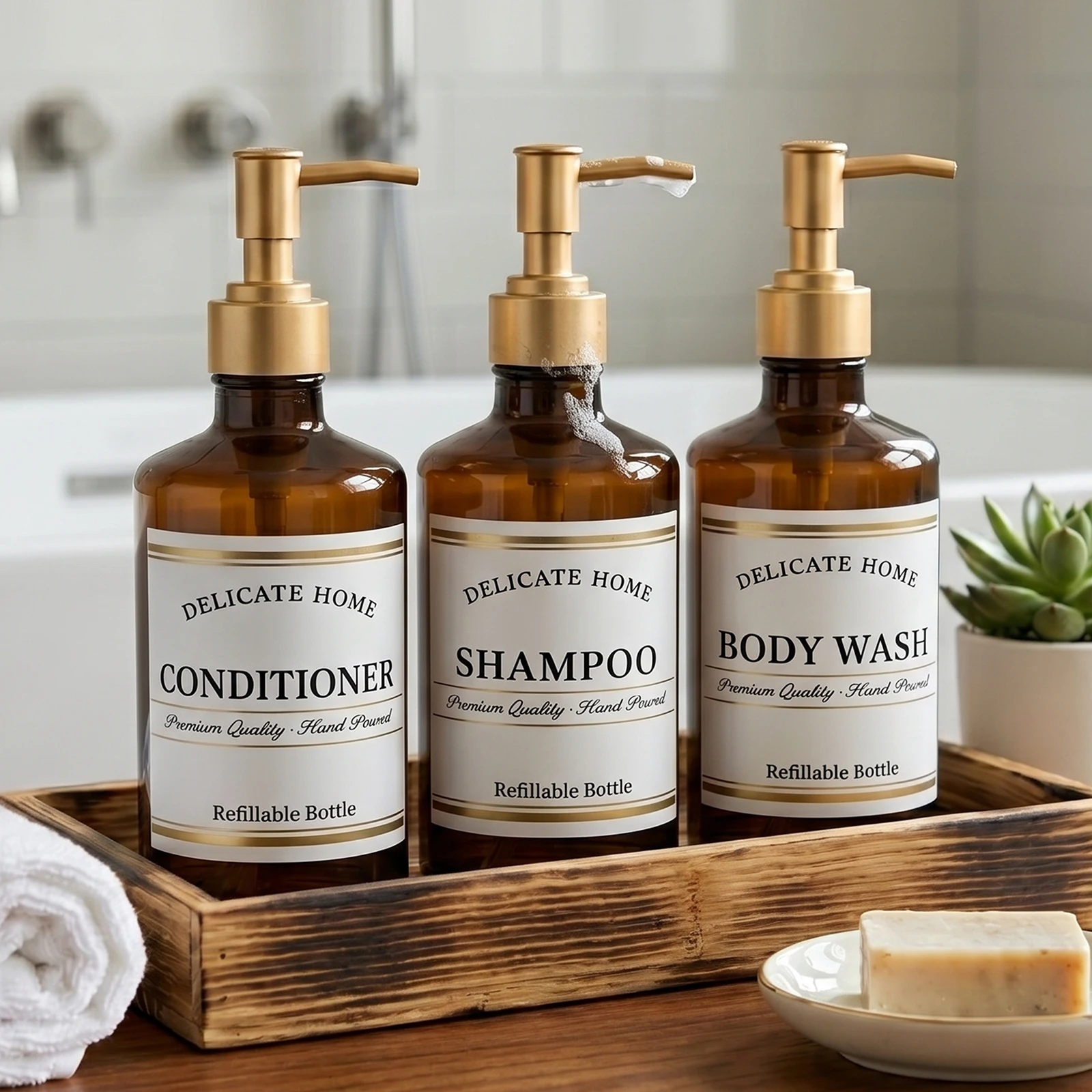 Shampoo- und Conditioner-Spender, Bernsteinfarbene Kunststoff-Pumpflaschen für Badezimmer und Dusche, 500ml Nachfüllbare Flaschen für Shampoo und Duschgel