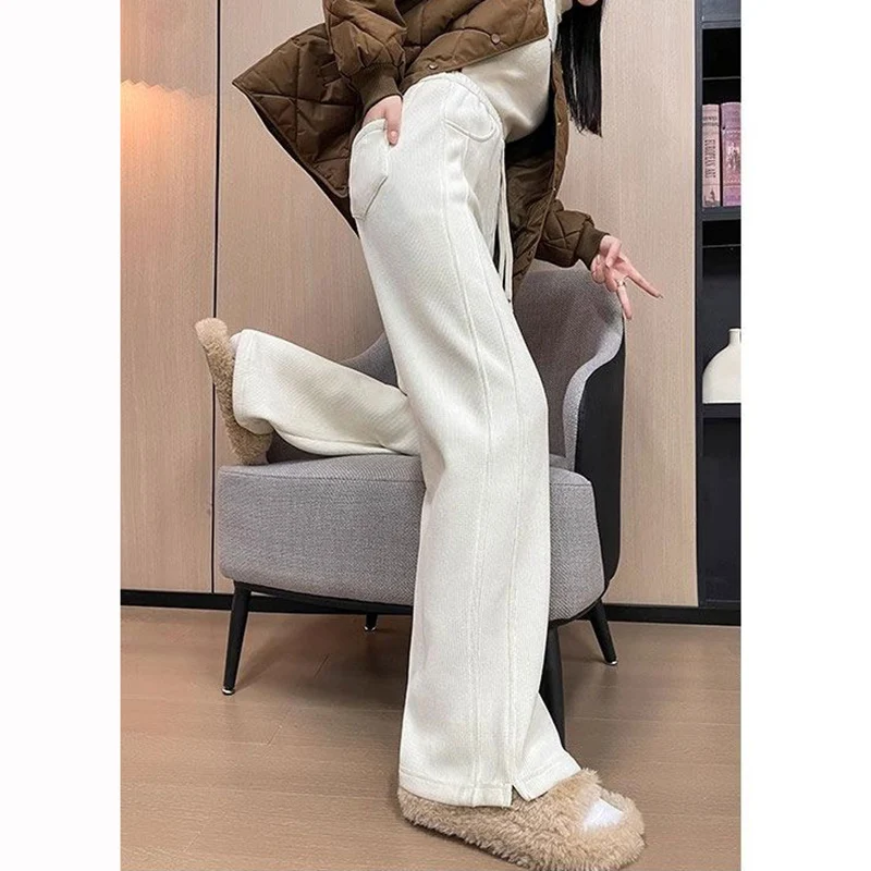 กางเกงขายาวทรงตรงเอวสูงผูกเชือกสไตล์คลาสสิกสำหรับผู้หญิง ลดราคา