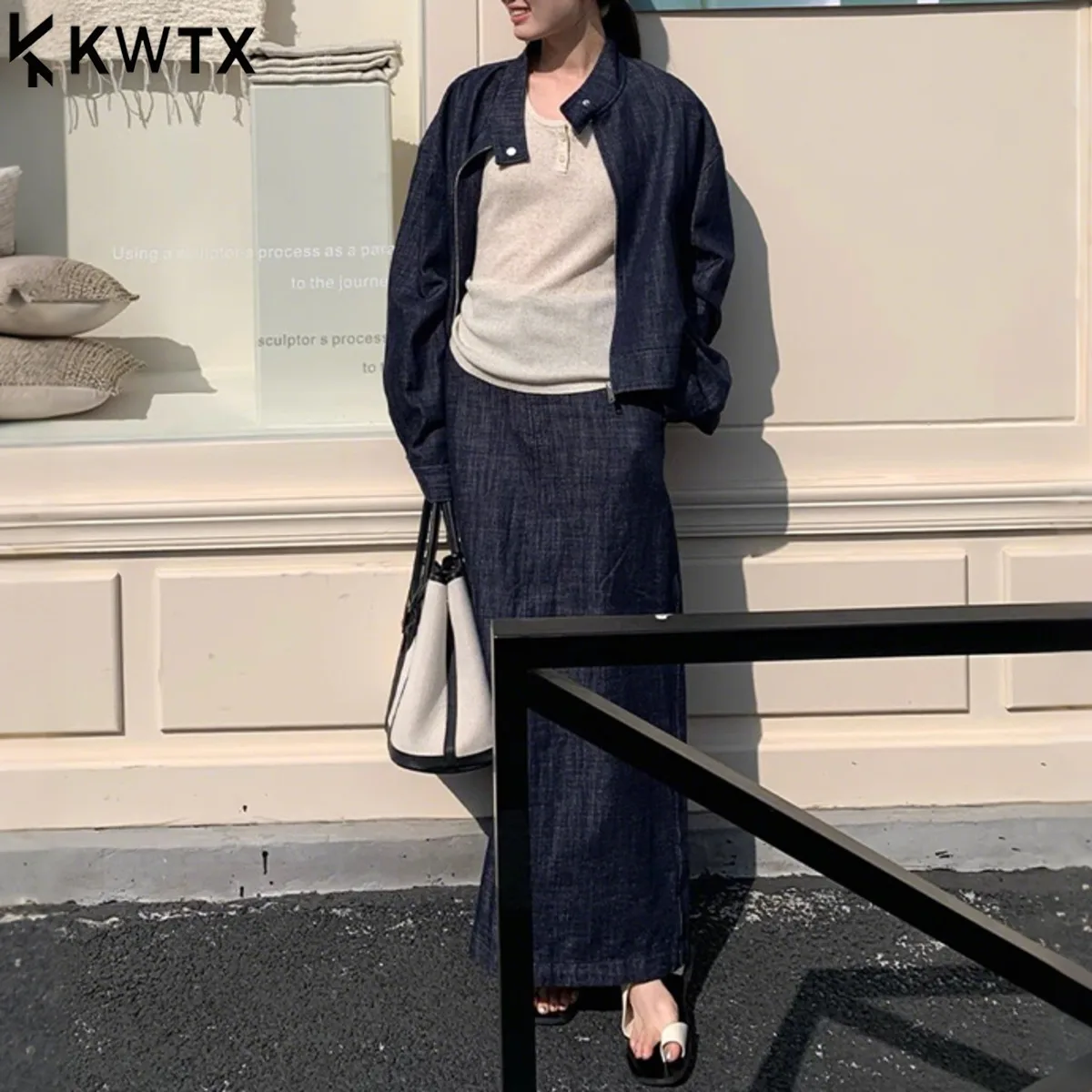

KWTX Women’s Denim 2PC Set Jacket Coat Midi Skirt Vintage Elegant Casual Zipper Design Premium Quality Fall Winter 2025 New
