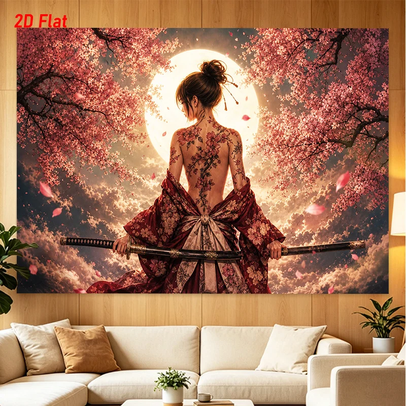 Samurai Girl Tapestry, Cherry Blossom Moon Wall Hanging, Japanese Katana Warrior Art, Red Kimono Decor Bedroom Living Room Cloth