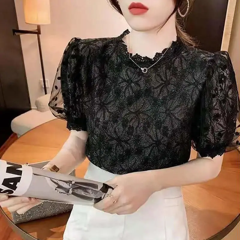 Elegant Fashion Hook Flower Hollow Mesh Splice Lace Blouse Woman 2022 Summer New Office Lady Commute All-match Puff Sleeve Shirt