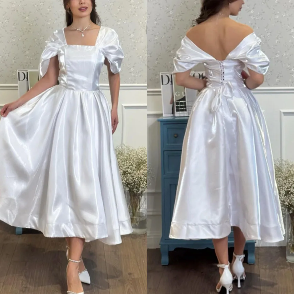 

Customized Square Collar Tea Length Off Shoulder White Long Dresses A-line Платье Корейский Стиль Vestidos Elegantes Para Mujer