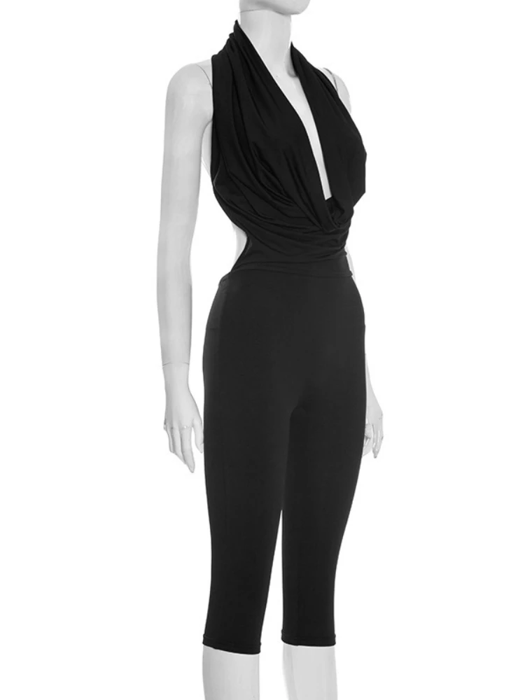 Foamlina Sexy Backless Jumpsuit Damesmode Effen Diepe V-swingende kraag Mouwloos Vetersluiting Slanke Capri-broek Club Party Romper
