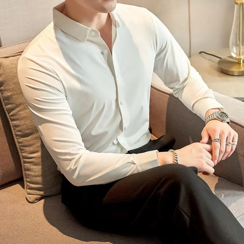 2023 New High Quality No Trace Ice Silk Long Sleeve Elastic Shirts Men Formal Business Slim Fit Solid Casual Shirt Tuxedo 4XL-M