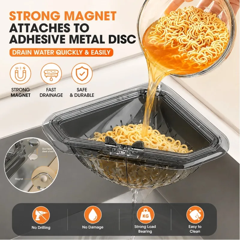 Magnetic Kitchen Sink Strainer Basket Foldable Triangular Drain Rack One-Button Food Scrap Collector Corner Mesh Filter Bag