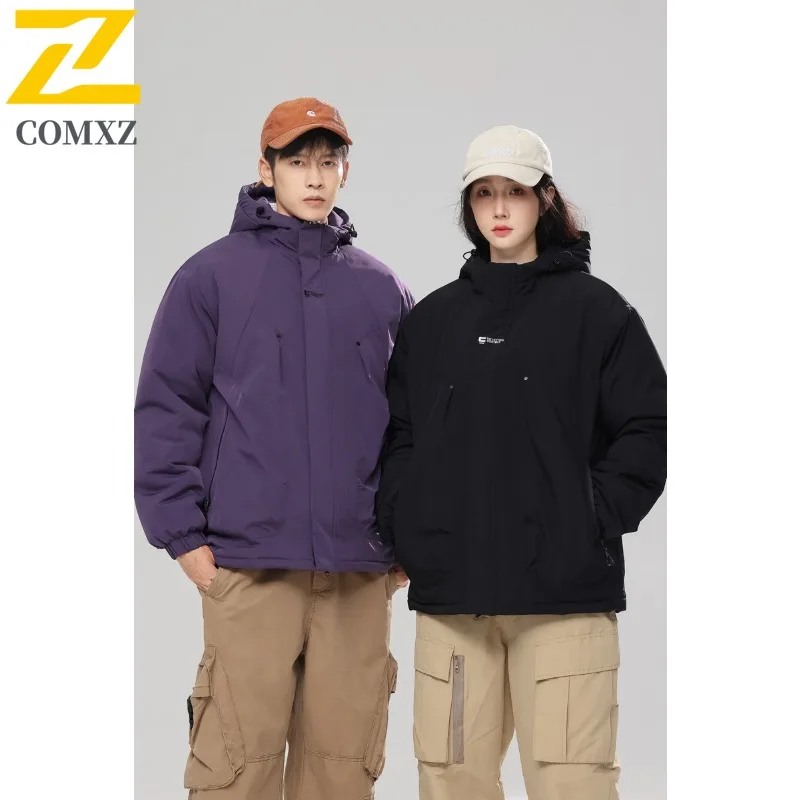 COMXZ 2025 Mens Womens Winter Mountain Waterproof Hooded Puffer Jacket Korean-Style Outdoor Sports Workwear Warm Tactics Coat