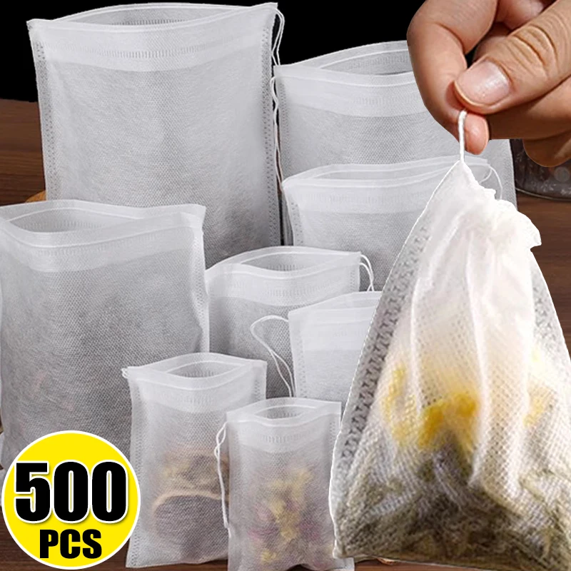 Bolsas de té desechables de 50/500 piezas, papel de filtro no tejido, bolsas de sellado con cordón para cocina, té, café, té suelto, bolsa de especias