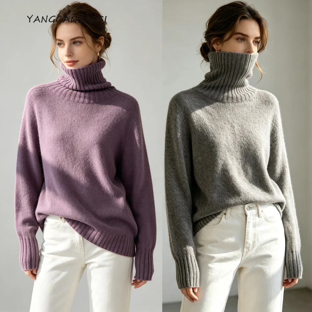 2026 Women's Autumn/Winter New 100% Wool First Line Ready To Wear Seamless High Collar Solid Long Sleeve Hooded Knitted Sweater