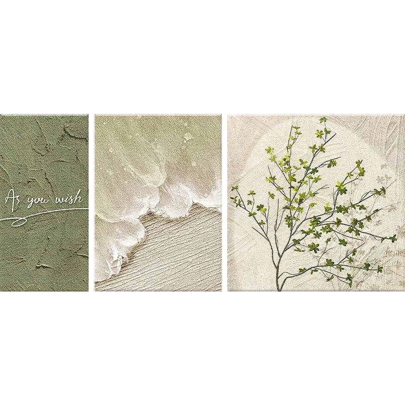 

Green plant living room triptych decorative painting, cream log wind wave abstract, sofa background wall wall wall hanging