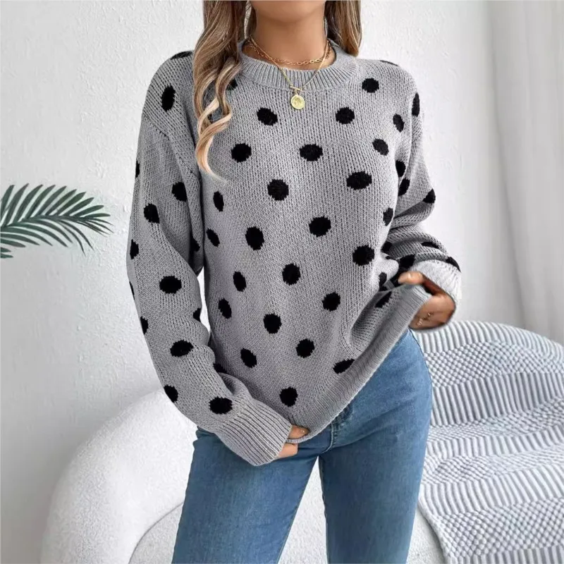 Women\'s Fashion Knitted Sweater 2024 Autumn/Winter New Color Blocked Polka Dot Long Sleeve Hoodie Loose Casual Women\'s Sweater