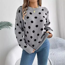 Women's Fashion Knitted Sweater 2024 Autumn/Winter New  Color Blocked Polka Dot Long Sleeve Hoodie Loose Casual Women's Sweater