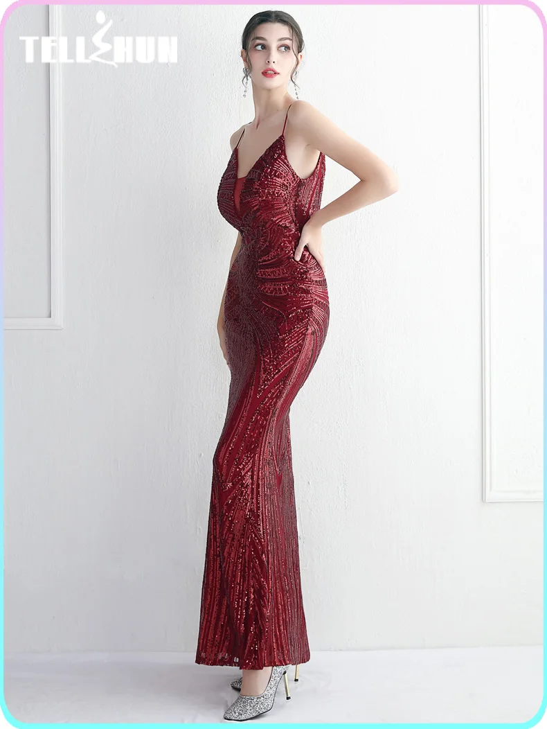 Red deep v-neck Mermaid Evening gala Dress Women Elegant Party Maxi Dress Sexy Sequins Formal Dress Evening Gowns wedding guest