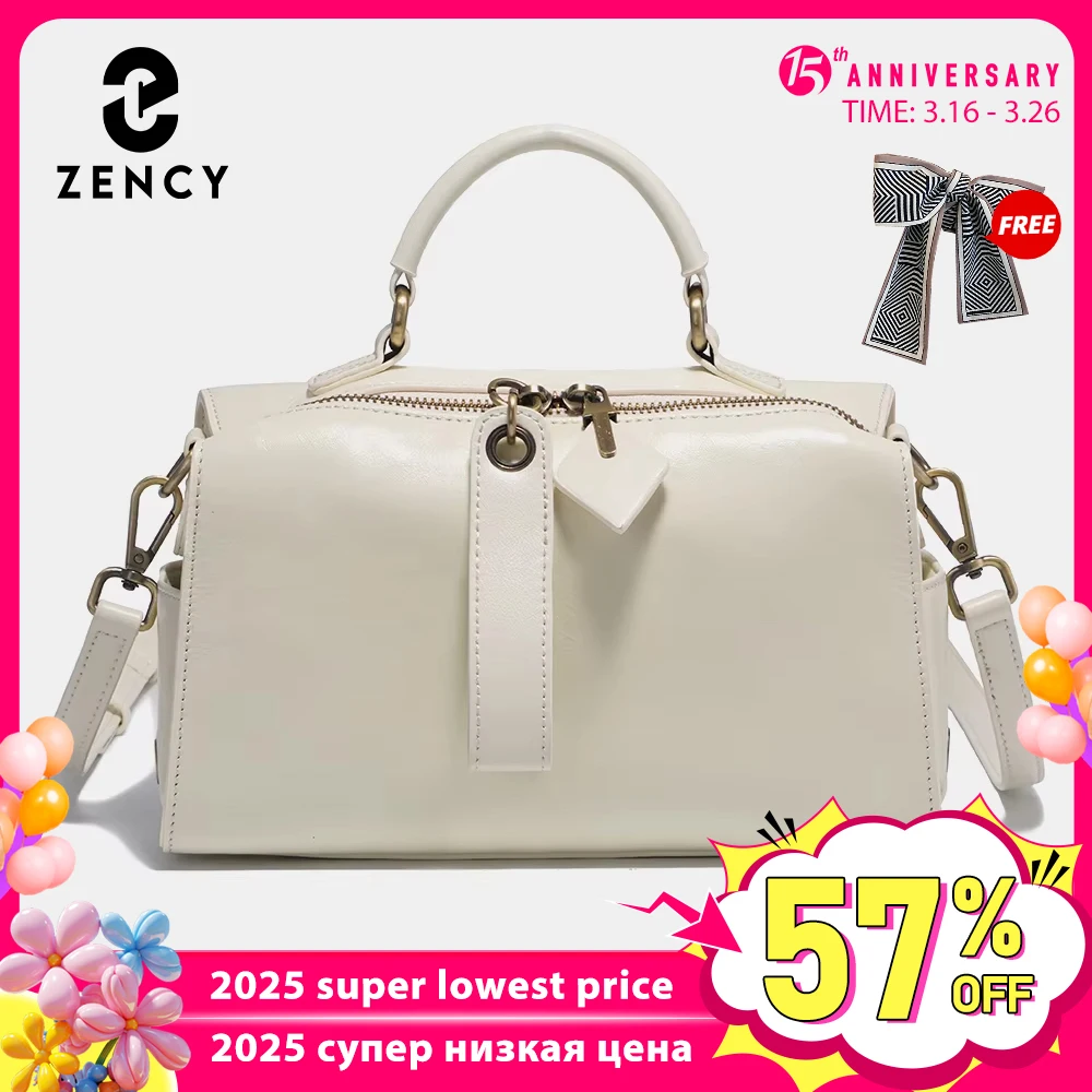 Zency Oil Wax Leather Vintage Green Handbag Women Shoulder Bag Satchel Black Wave Pattern Wide Strap Classic Boston Bag Purse