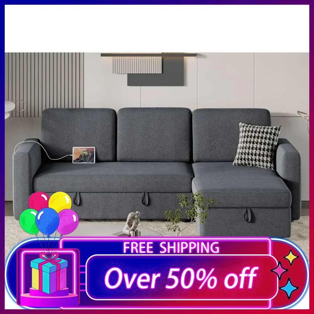 

Sectional Sofa L-Shaped Sofa Couch Bed w/Chaise & USB, Reversible Couch Sleeper w/Pull Out Bed & Storage Space, Pull Out Couches