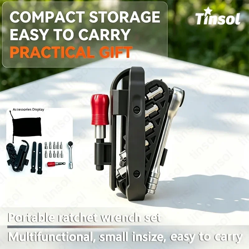 TINSOL Bike Repair Tools Multifunctional Ratchet Wrench Set Portable Compact Folding Combination Aluminum Bicycle Tool Kit