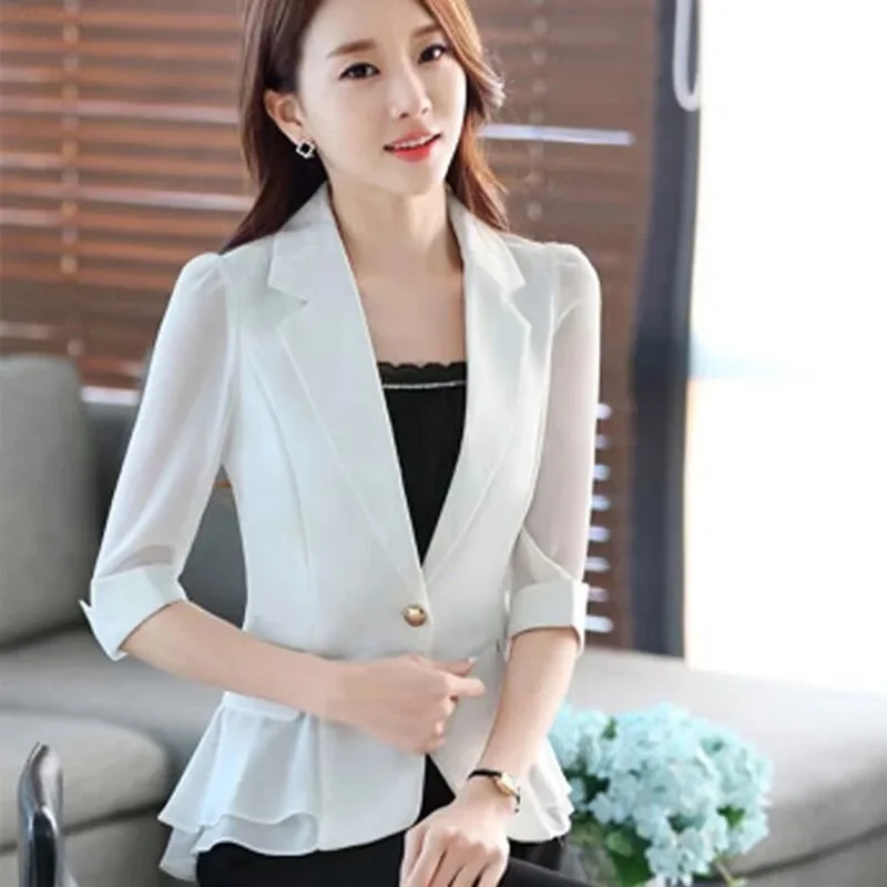 Small Suit Women's Short Slim Fit Korean Style Three-quarter Sleeves Ruffled Chiffon Thin Summer