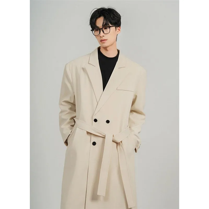 

Мужское демисезонное пальто средней длины с двойными пуговицами и подплечниками, выше колена, тонкое, повседневное, в стиле кэжуал, молодежное, свободного кроя, весна 2025