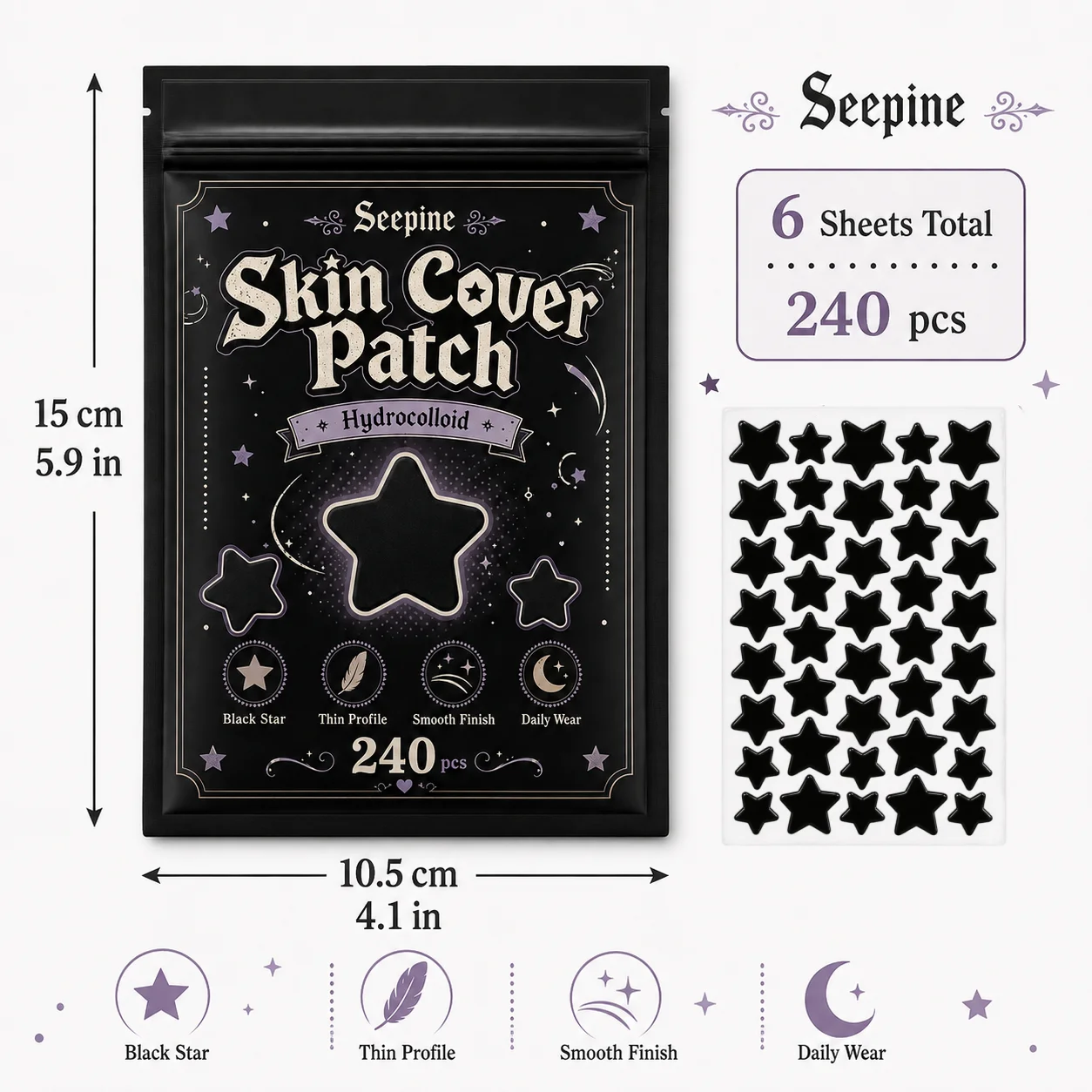 240pcs Black Star Patches, for Facial Coverage, Conceals, Blocks Dust, Powder-Proof, Sweat-Proof, for Decoration, Photos