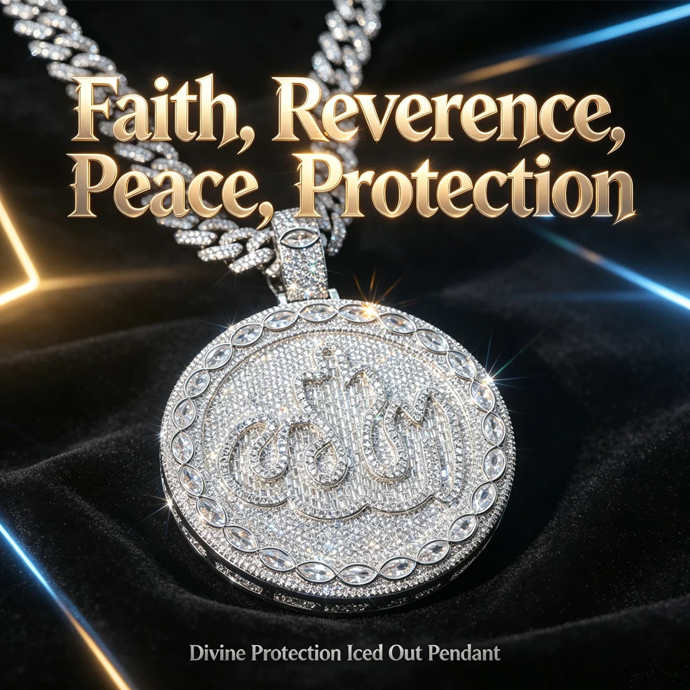 18K Gold Plated Round Allah Zircon Pendant Islamic Hip Hop Jewelry For Men Micro Pave Charm Marquise Stone For Faith Reverence Peace Protection Street Rap Gift For Muslim Men Boy Friends Rappers Fine Jewelry Gifts Iced Out Cuban Chain Necklace Accessories