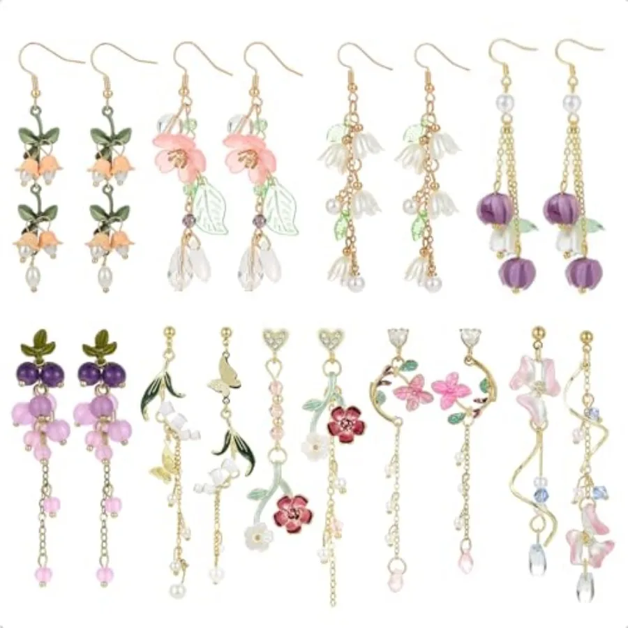 

9 Pairs Floral Earrings Set Inspired Long Dangle Flower Leaf Designed Earrings With Pearl Accents And Tassel Details Hypoallerg