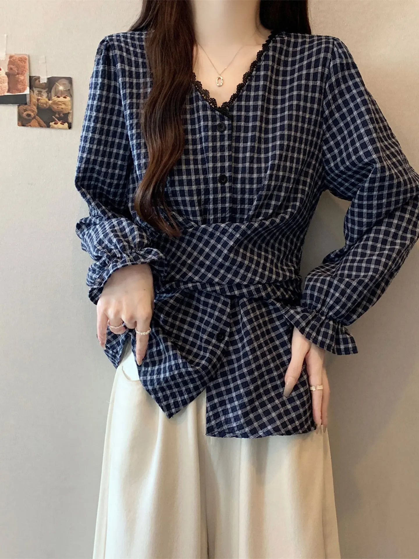 

Женский повседневный топ для похудения Ele с v-образным вырезом в клетку Long Sve, кружевной лоскутный топ, весна 2026 Faion