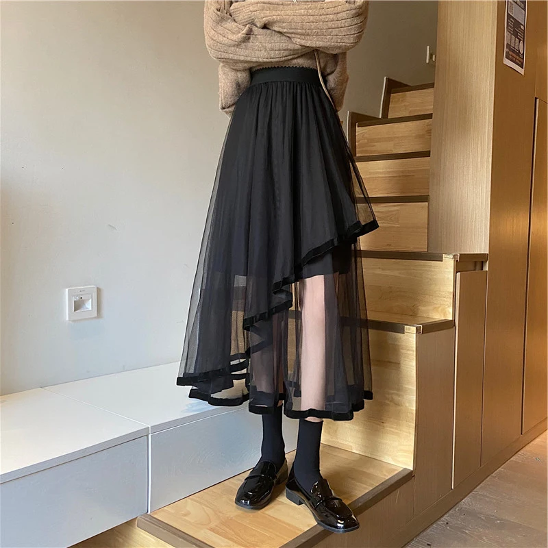 

Slimming High Waist Mesh Half Skirt Elegant Women's Clothing Spring Fashion Casual Mid-Length Asymmetrical Skirt