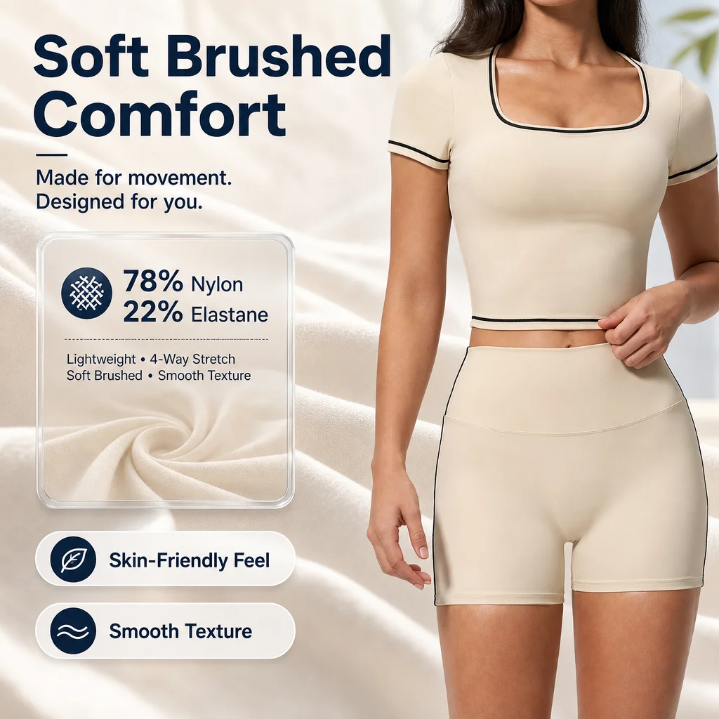 Women's Square Neck Short Sleeve Crop Top, Brushed Nylon 4-Way Stretch Soft Gym Shirt, Contrast Stitching Extended Hem Yoga Acti