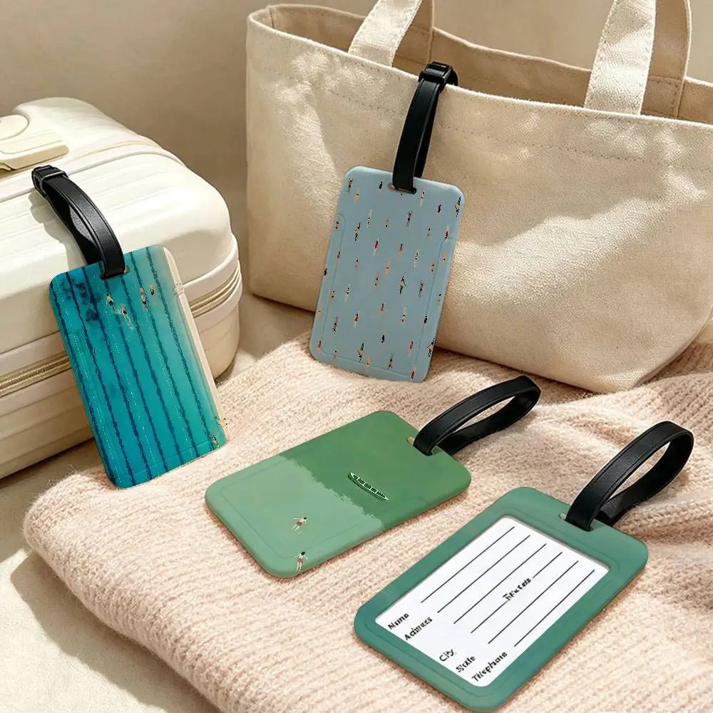 Minimalist Abstract Light Green Seawater Swimming Art Anti lost PVC Suitcase Tag With Info Card Lightweight Baggage For Daily Tr