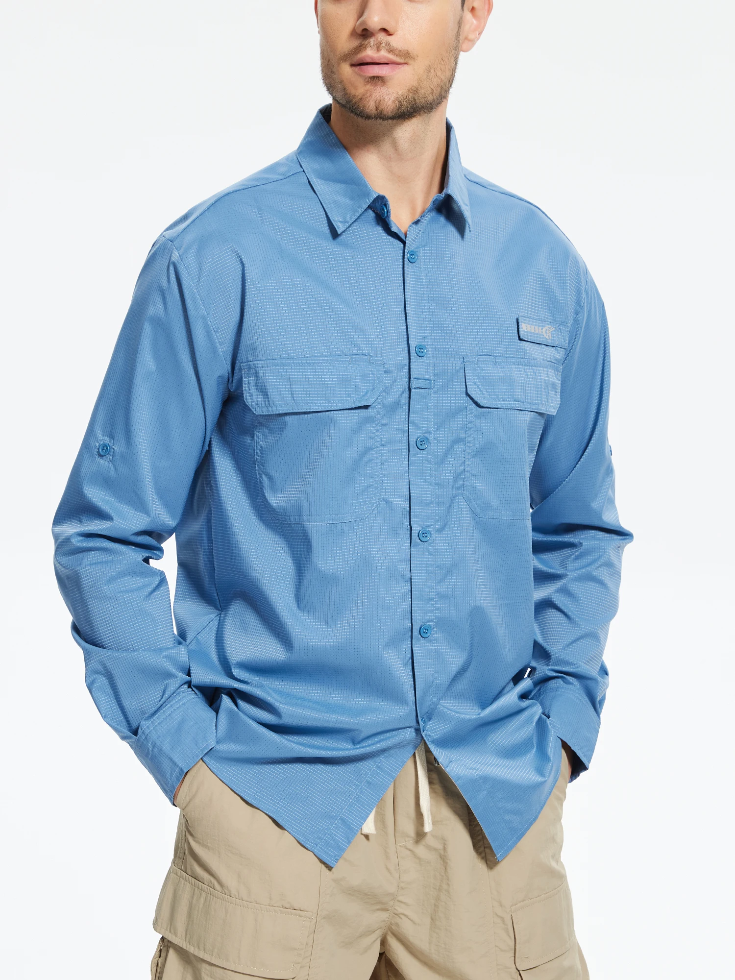Men's UPF 50+ Long Sleeve Fishing Shirts, Rash Guard Casual Button Down Shirt with Breathable Mesh for Outdoor Fishing Camping